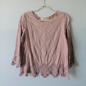 Adiva Womens Pink Round Neck 3/4 Sleeves Embroidered Crochet Hem Top Size S